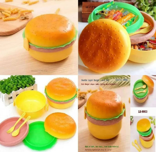 3 Layer Plastic Free Burger Shape Lunch Box with Spoon