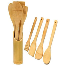 BAMBOO WOODEN KITCHEN COOKING SPOON 4-PCS WITH HOLDER