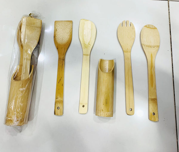 BAMBOO WOODEN KITCHEN COOKING SPOON 4-PCS WITH HOLDER