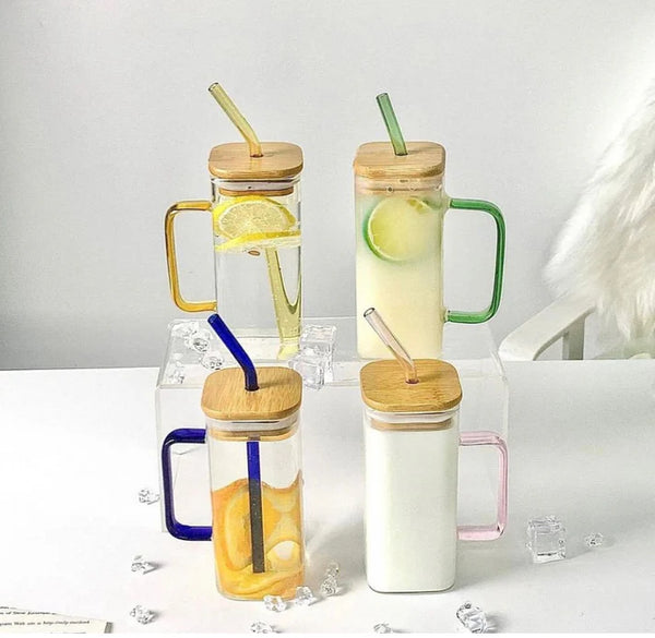 Square Ice Tea mug with lid and glass straw